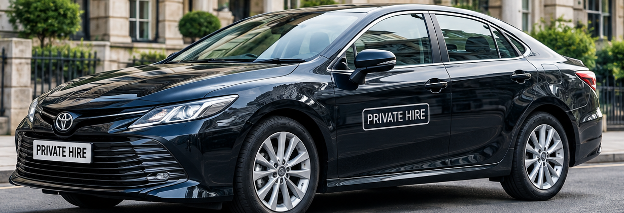 Black saloon private hire taxi in Leatherhead